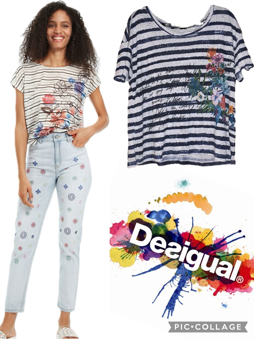 Desigual Femme Scripted Floral & Stripe Round Neck Loose Fit T-Shirt